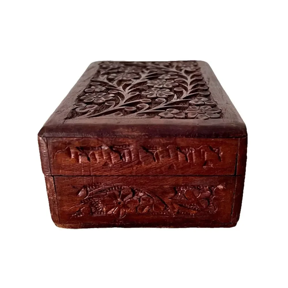 Wood Hand Carved Ornate Trinket Box - India Blue Velvet Inside 6” x 3.75” x 2”
